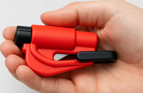 Brise-vitre et coupe-ceinture rouge moderne tenu dans une main