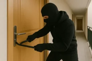 Cambrioleur cagoulé tentant de forcer une porte d’appartement avec un pied de biche inséré entre la serrure et le bâti.
