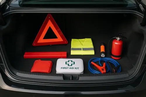 Coffre de voiture avec kit de sécurité complet comprenant triangle, gilet jaune, trousse de secours et extincteur