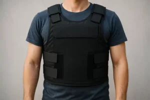 Homme portant un gilet pare-balle noir pour illustrer la sécurité personnelle