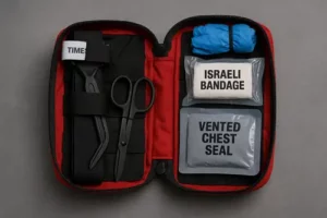 IFAK avec garrot, ciseaux, gants, pansement israélien et vented chest seal pour les urgences vitales
